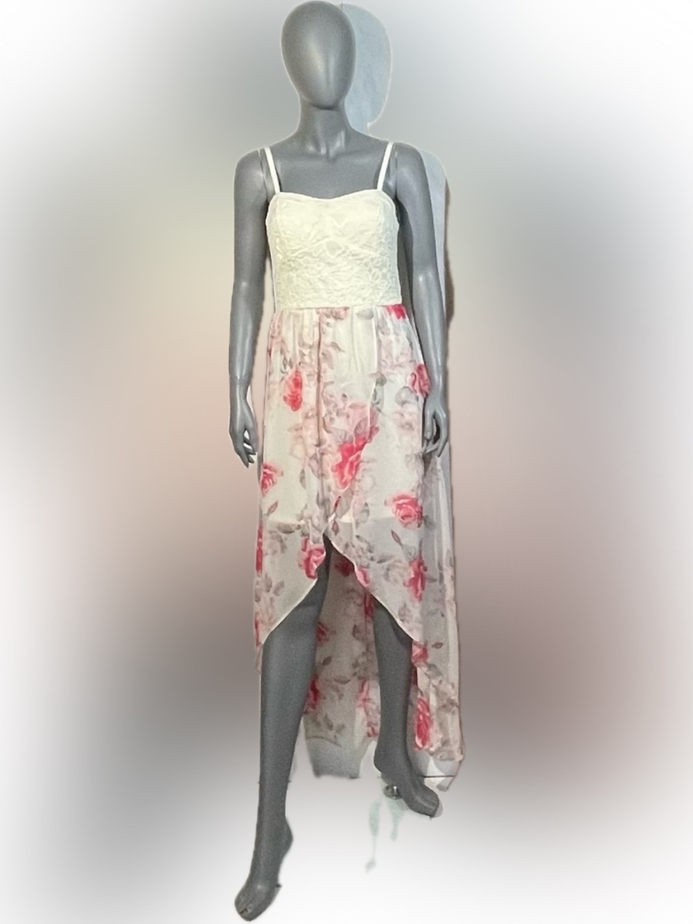 NWT Lily Rose Large White & Pink High-Low Maxi Floral Lace &  Chiffon Sun Dress